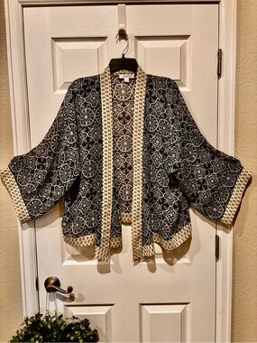 Women’s XL Black & Cream Coldwater Creek Patterned Open Kimono Jacket